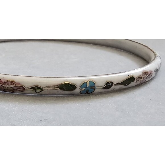 Vintage Cloisonné Large White Pink Green Flower Enamel Bangle Bracelet - Picture 7 of 10